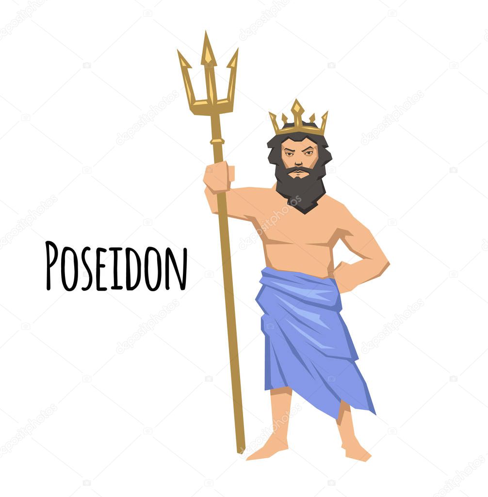 Poseidon, ancient Greek god of the sea with trident. Mythology. Flat vector illustration. Isolated on white background.