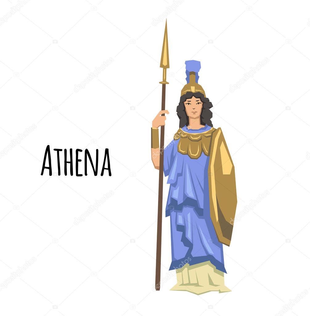 Athena, ancient Greek goddess of Wisdom, War, and Useful Arts. Mythology. Flat vector illustration. Isolated on white background.