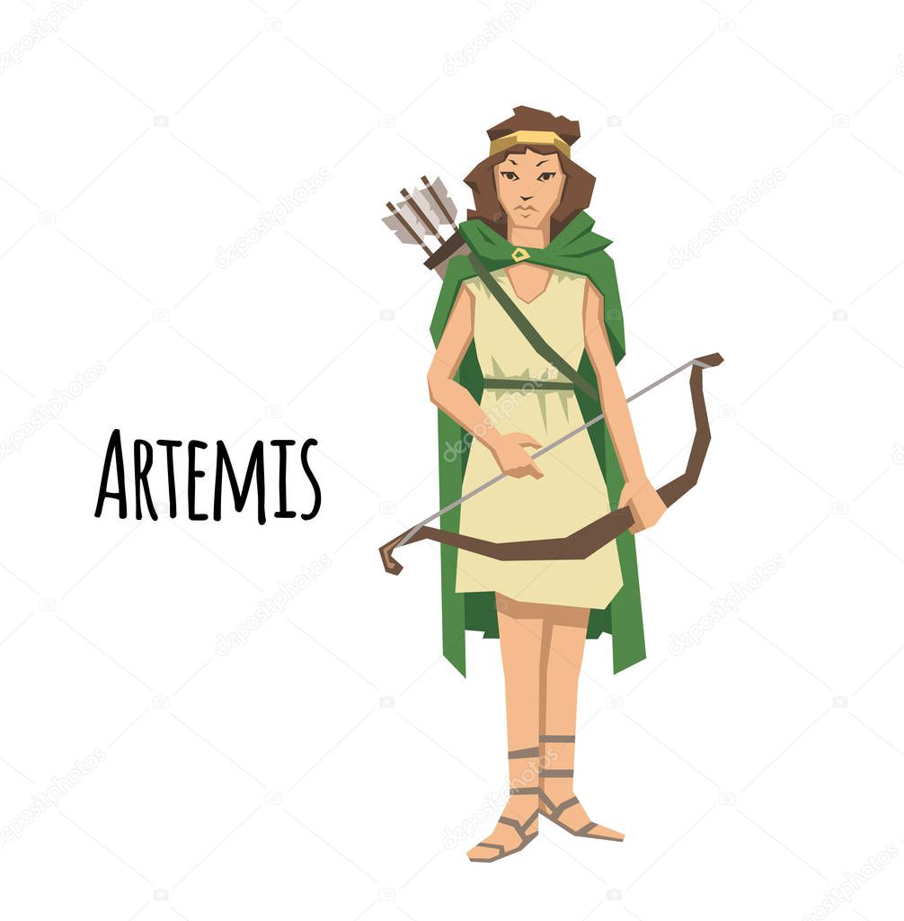 Artemis, ancient Greek goddess greek of the hunters and the moon. Mythology. Flat vector illustration. Isolated on white background.