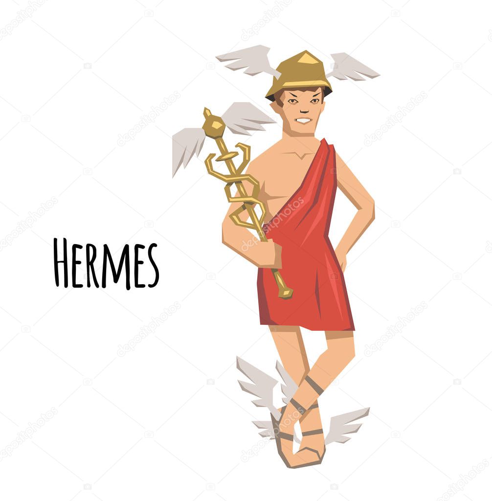 Hermes, ancient Greek god of Roadways, Travelers, Merchants and Thieves, messenger of the gods. Mythology. Flat vector illustration. Isolated on white background.