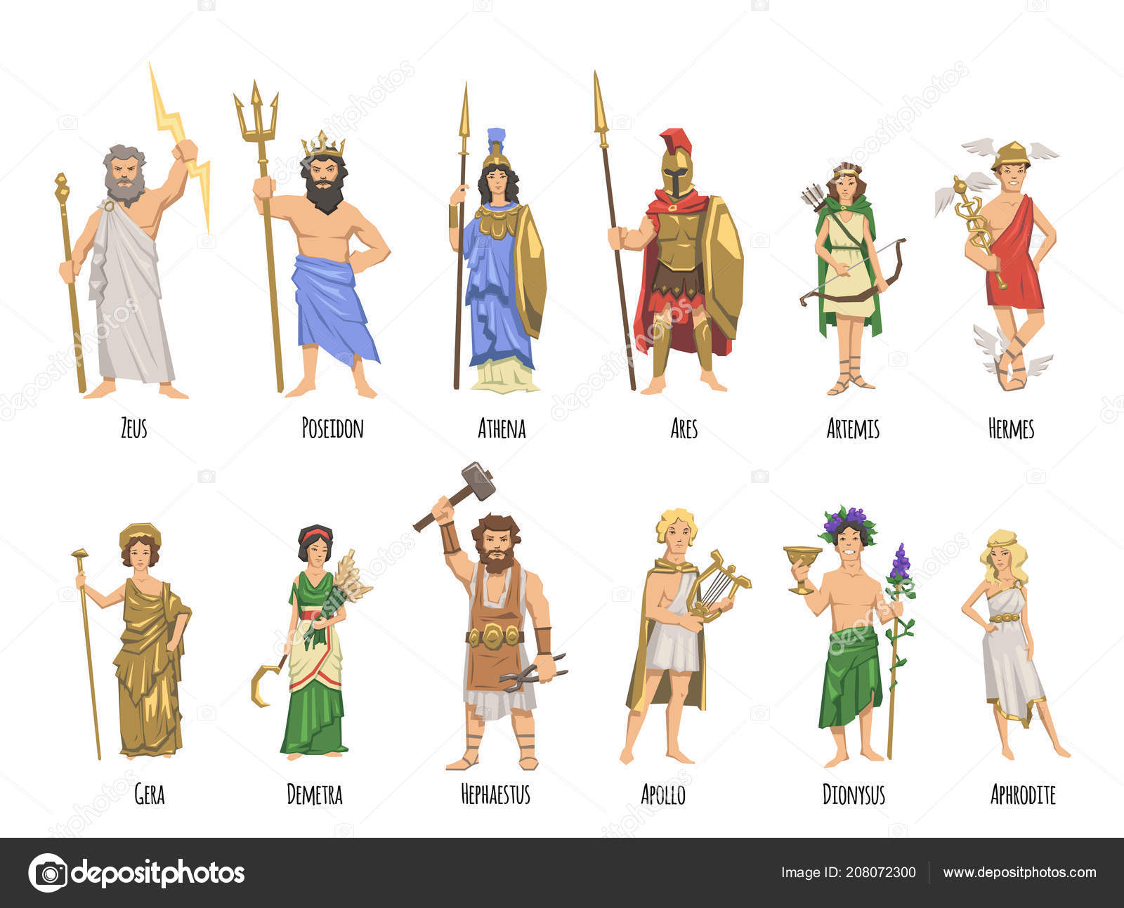 Pantheon of ancient Greek gods, mythology. Set of characters with names