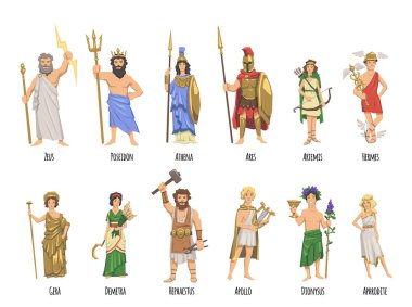Pantheon of ancient Greek gods, mythology. Set of characters with names. Flat vector illustration. Isolated on white background. clipart