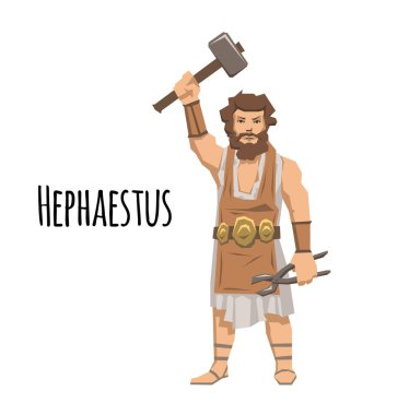 Hephaistos, demirci ve yangın antik Yunan tanrısı. Mitoloji. Düz vektör çizim. Beyaz arka plan üzerinde izole.