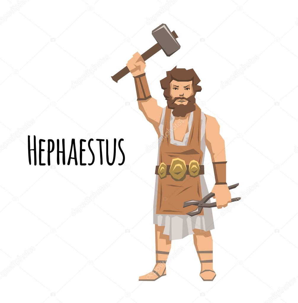 Hephaestus, ancient Greek god of blacksmith and fire. Mythology. Flat vector illustration. Isolated on white background.