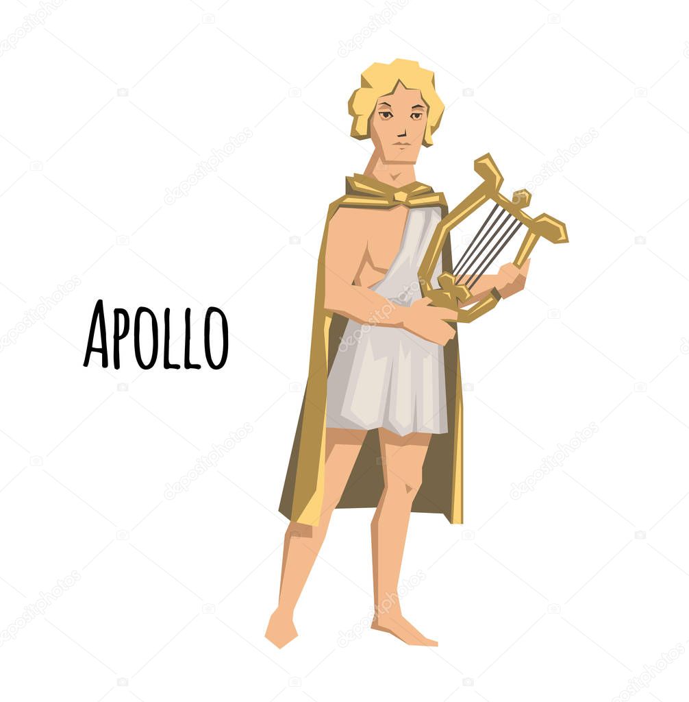 Apollo, ancient Greek god of archery, music, poetry and the sun with lyre. Mythology. Flat vector illustration. Isolated on white background.