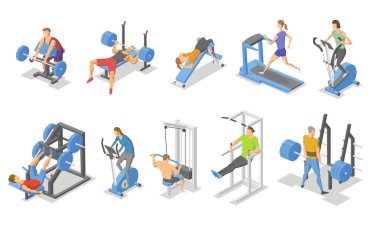 İnsanlar ve eğitim cihazlar spor salonunda. Fitness ekipmanları sembolleri izometrik kümesi. Düz vektör çizim. Beyaz arka plan üzerinde izole.
