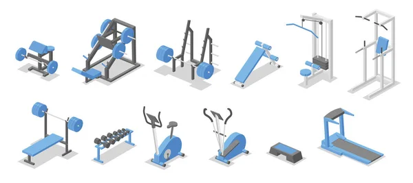 Equipamento de treino para o ginásio. Conjunto isométrico de símbolos de equipamentos de fitness. Ilustração vetorial plana. Isolado sobre fundo branco —  Vetores de Stock