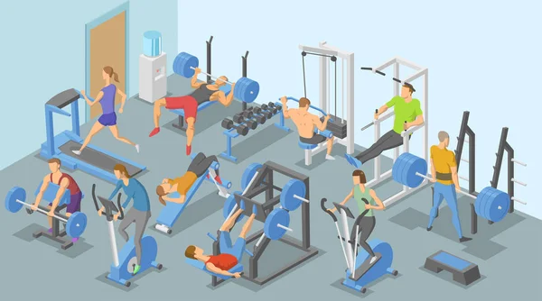 Les gens et les appareils d'entraînement dans la salle de gym, différents types d'exercices physiques. Illustration vectorielle plane isométrique. Horizontal — Image vectorielle