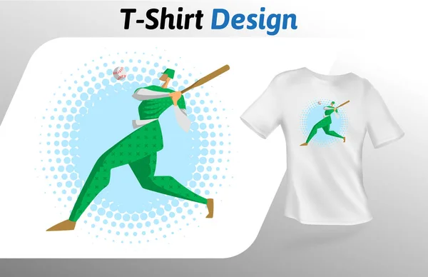 Jugador Béisbol Uniforme Verde Con Bate Estampado Camiseta Círculo Azul — Archivo Imágenes Vectoriales