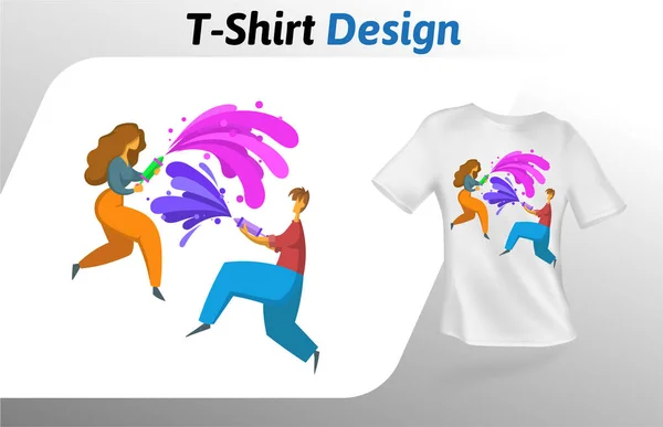 Garçon et fille jouant avec des fusils à eau T-shirt imprimé. Modèle de conception de t-shirt maquillé. Gabarit vectoriel, isolé sur fond blanc . — Image vectorielle
