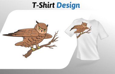 Bir dal üzerinde oturan sevimli kahverengi baykuş t-shirt baskı. T-shirt tasarım şablonu alay. Beyaz arka plan üzerinde izole vektör şablonu.