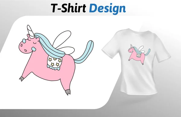 Sidik jari unicorn berbaju merah muda. Mock up t-shirt desain template. Templat vektor, terisolasi di latar belakang putih . - Stok Vektor