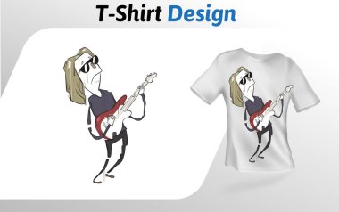 Sahne Alanı'nda t-shirt baskı dışarı sallanan komik karikatür gitar çalar. T-shirt tasarım şablonu alay. Beyaz arka plan üzerinde izole vektör şablonu.