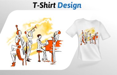 Caz müzisyenleri birlikte, t-shirt baskı oynama. T-shirt tasarım şablonu alay. Beyaz arka plan üzerinde izole vektör şablonu.