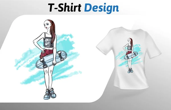 Menina com skate em fundo abstrato t-shirt print. Mock up modelo de design de t-shirt. Modelo de vetor, isolado no fundo branco . — Vetor de Stock