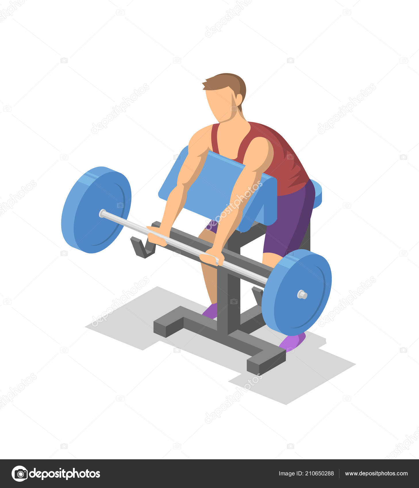 Man Working Out With Barbell On Preacher Bench In The Gym
