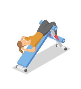 Spor salonunda karın bankta çalışan kadın. Fitness ekipmanları eylem renkli izometrik illlustration. Düz vektör çizim. Beyaz arka plan üzerinde izole.