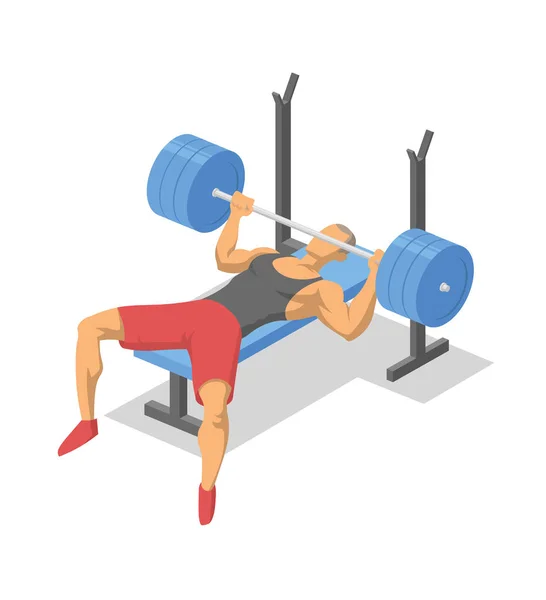 Man uit te werken met barbell liggend op een bankje. Bench press. Kleurrijke isometrische illlustration van geschiktheidsmateriaal in actie. Platte vectorillustratie. Geïsoleerd op witte achtergrond. — Stockvector