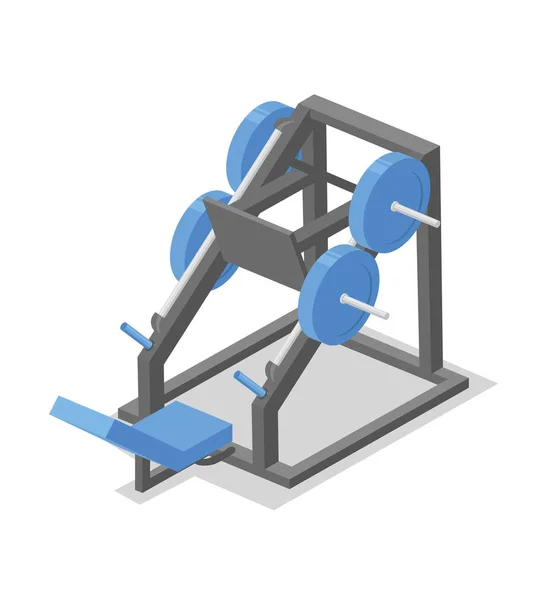 Máquina de pressão da perna, aparelho de treino para o ginásio. Equipamento de fitness ilustração isométrica. Ilustração vetorial plana colorida. Isolado sobre fundo branco . — Vetor de Stock