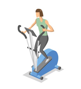 Woman working out on elliptical trainer in the gym. Colorful isometric illlustration of fitness equipment in action. Flat vector illustration. Isolated on white background. clipart