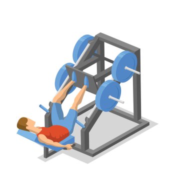 Bacak basın makinede çalışan adam. Fitness ekipmanları eylem renkli izometrik illlustration. Düz vektör çizim. Beyaz arka plan üzerinde izole.