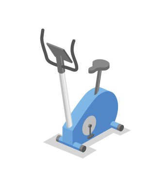 Eğitim için spor aleti bisiklet, spin. Fitness Ekipmanları izometrik çizimde. Renkli düz vektör çizim. Beyaz arka plan üzerinde izole.
