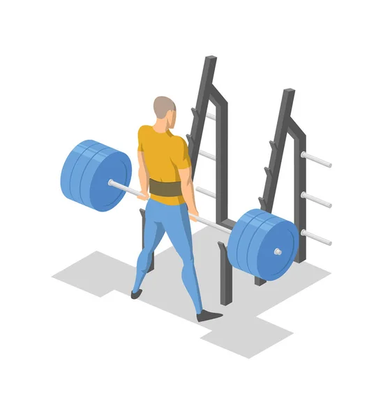 Un hombre trabajando junto a la barra de pesas. Ilustración isométrica colorida del equipo de fitness en acción. Ilustración vectorial plana. Aislado sobre fondo blanco . — Vector de stock