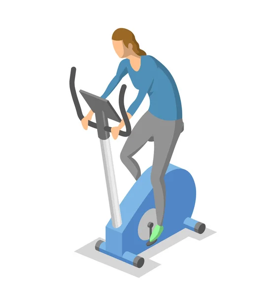 Mulher trabalhando em bicicleta de exercício, bicicleta de giro. Ilustração isométrica colorida do equipamento de fitness em ação. Ilustração vetorial plana. Isolado sobre fundo branco . — Vetor de Stock