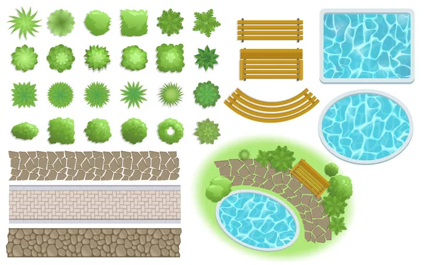 Landscape design and garden elements. Footpath, bench, pool, plants top view. Landscaping symbols set. Flat vector illustration. Isolated on white background. Stock Vector