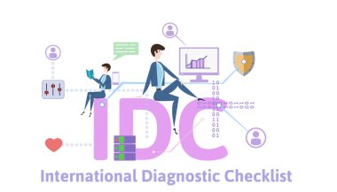IDC, international diagnostic checklist. Concept table with keywords, letters and icons. Colored flat vector illustration on white background. clipart