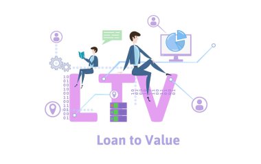 LTV, kredi değeri için. Kavram tablo anahtar kelimeler, harf ve simgeler. Beyaz arka plan üzerinde renkli düz vektör çizim.