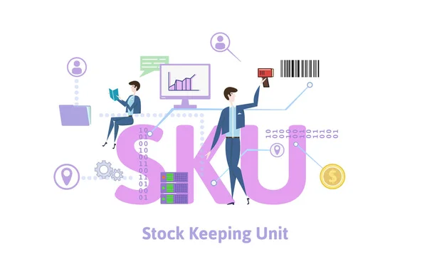 SKU, stock keeping unit. Begreppet bord med sökord, bokstäver och symboler. Färgad platt vektorillustration på vit bakgrund. — Stock vektor