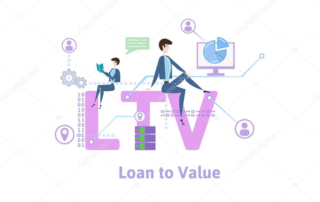 LTV, loan to value. Concept table with keywords, letters and icons. Colored flat vector illustration on white background.