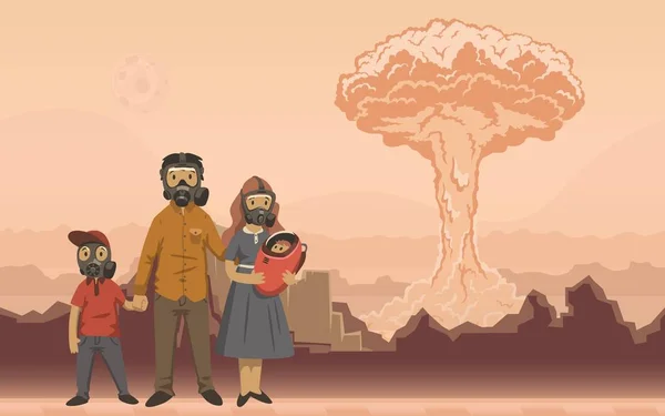 Família com máscaras de gás no fundo da explosão nuclear. Cena apocalíptica futurista. Ilustração vetorial plana. Horizontal . — Vetor de Stock