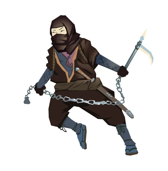 Ninja z Kusarigama w pozycji walki. Ilustracja wektorowa. Płaski, izolowana na białym tle. — Wektor stockowy