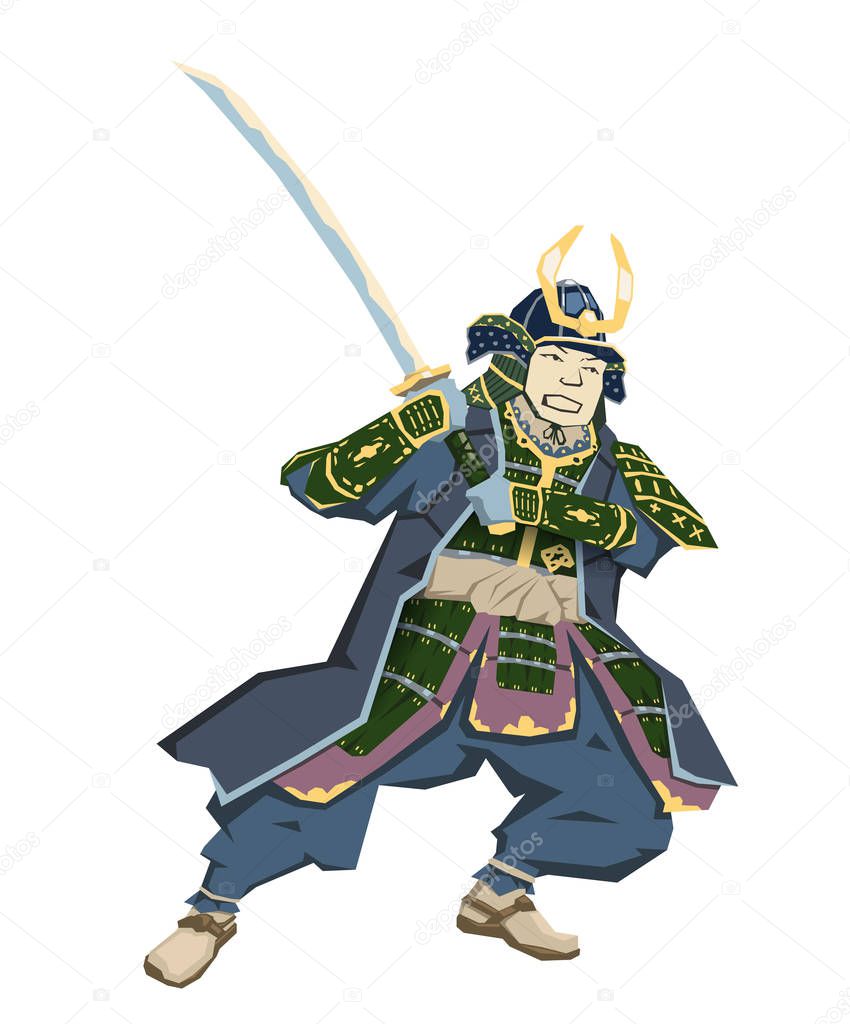 Japanese Samurai Warrior with katana sward in fighting position. Vector illustration. Flat style, isolated on white background.