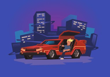 Futuristik yarış arabası neon şehir arka plan üzerinde oturan genç gülümseyen adam. Cyberpunk fantezi. Düz vektör çizim, yatay.