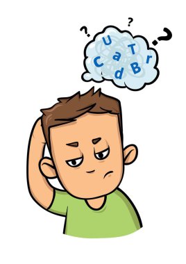 Confused boy with a cloud of mixed letters above his head. Dyslexia and adhd. Flat vector illustration. Isolated on white background. clipart
