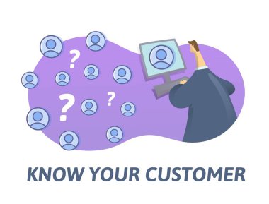 KYC, Sayın Müşteri kavramı. İş adamı olacak ortakları internet arıyor. Beyaz arka plan üzerinde renkli düz vektör çizim.