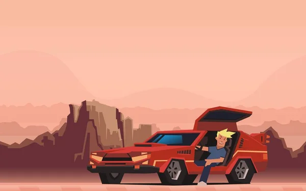 Joven chico sonriente sentado en coche de carreras rojo en el fondo del desierto del cañón. Feliz viajero. Ilustración vectorial plana, horizontal . — Vector de stock