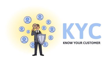 KYC, müşteri biliyorum. Ortak olacak bir büyüteç aracılığıyla bakarak bir kalkan ile iş adamı. Beyaz arka plan üzerinde renkli düz vektör çizim.