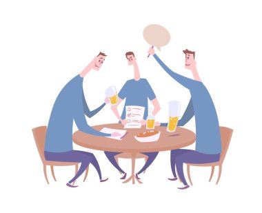 Cevap veren takım quiz. Bardaki diğer bilgiler olay içeceklerin ve atıştırmalıkların bulunduğu tablo başına oturmuş üç oyuncu ile gece quiz. Düz vektör çizim. Beyaz arka plan üzerinde izole.