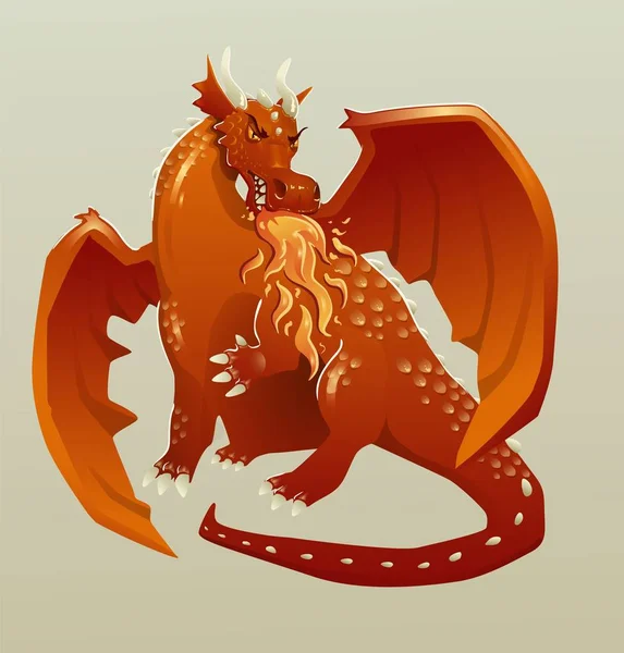 Dragón medieval rojo respirando fuego. Ilustración vectorial plana, aislada . — Vector de stock