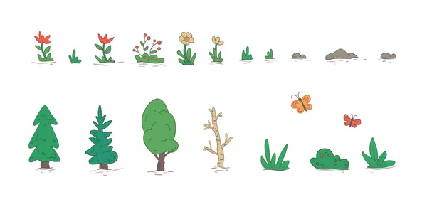 Dibujos animados naturaleza paisaje elementos conjunto, árboles, piedras, hierba, flores. Ilustración vectorial plana. Aislado sobre fondo blanco — Vector de stock