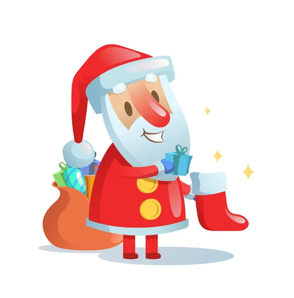 Papai Noel colocando presentes em meias de Natal. Ilustração vetorial plana. Isolado sobre fundo branco . — Vetor de Stock