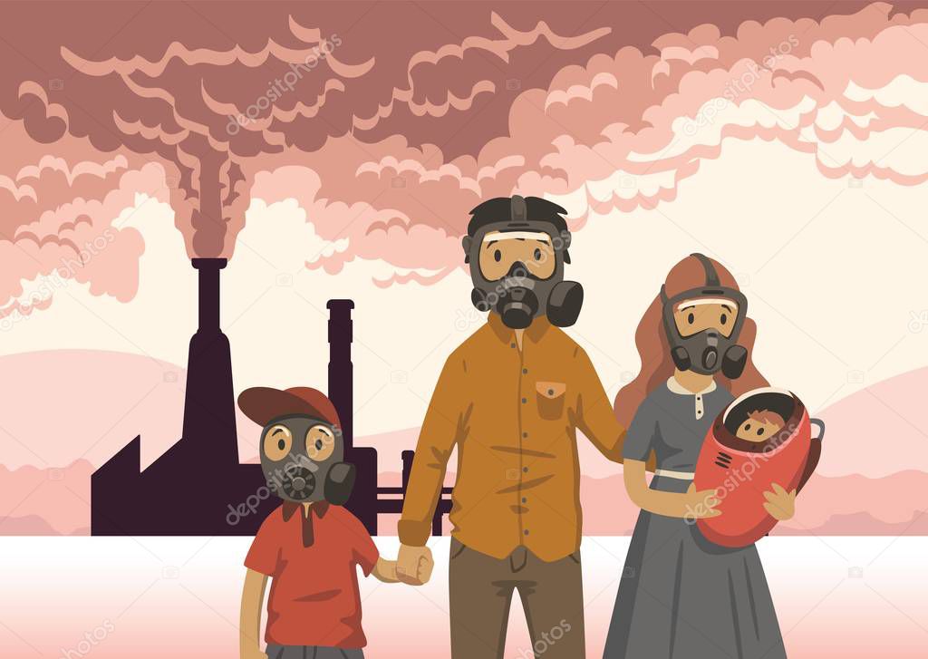 Family in gas masks on smoking inustrial chimney background. Environmental problems, air pollution. Flat vector illustration. Horizontal.