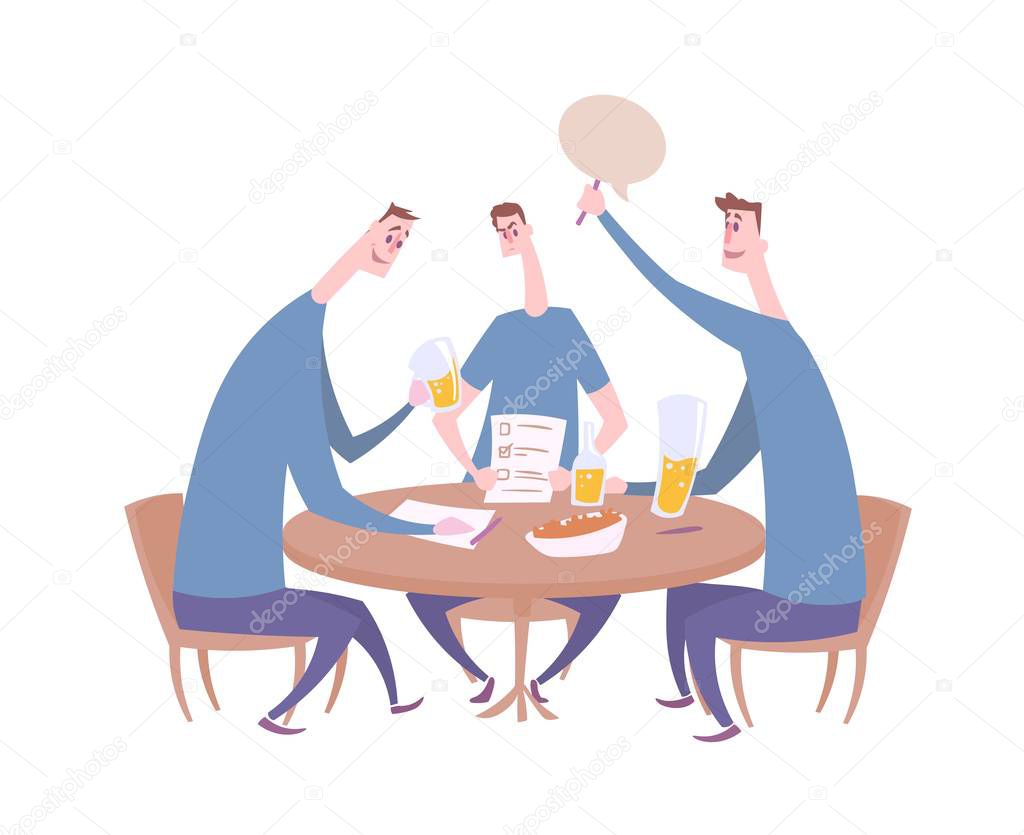 Quiz team giving the answer. Quiz night in the bar, trivia event with three players sitting by the table with drinks and snacks. Flat vector illustration. Isolated on white background.