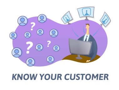 KYC, sizin müşteri kavramı biliyorum. Internet'teki bilgileri kontrol iş adamı. Beyaz arka plan üzerinde renkli düz vektör çizim.