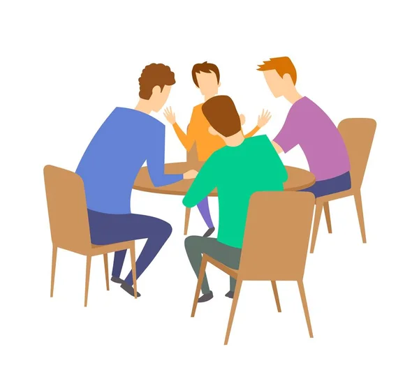 Group of four young people having discussion at the table. Brainstorming. Flat vector illustration. Isolated on white background. — Stock Vector