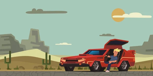 Joven chico sonriente sentado en coche de carreras rojo en el fondo del desierto. Feliz viajero. Ilustración vectorial plana, horizontal . — Vector de stock